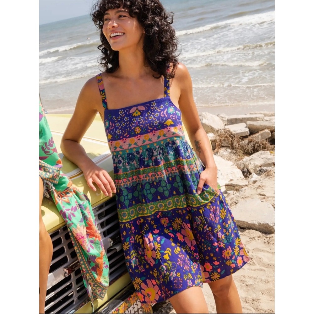 Natural Life Patricia Mini Dress Floral Boho Tiered Smocked Back Pockets Small